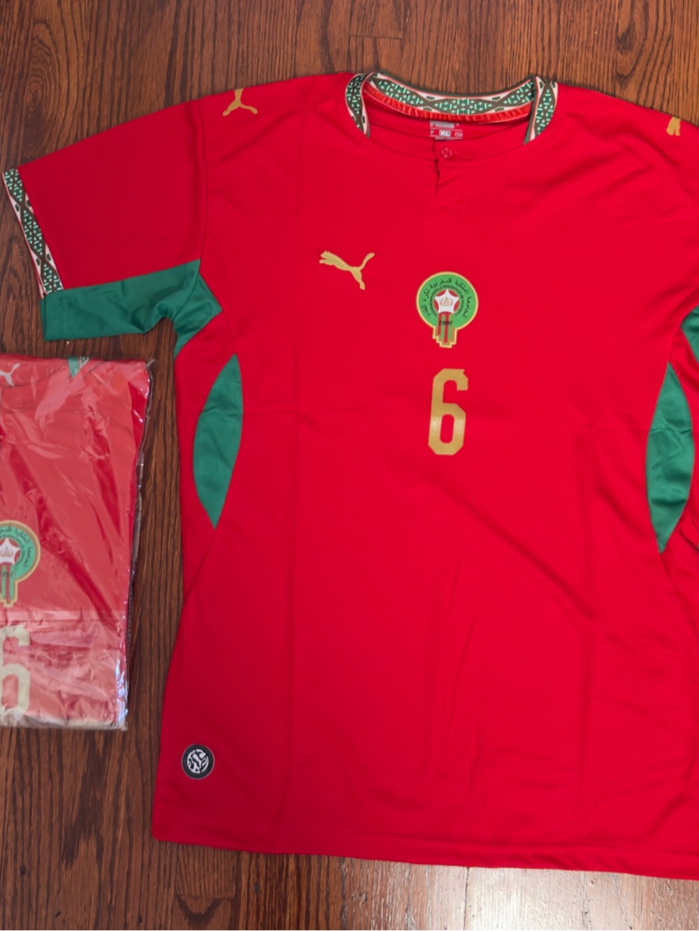 Puma Kids Red and Green Morocco Soccer Jersey with Gold Detailing - #6